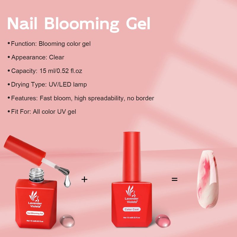 Lavender Violets Blooming Gel 15ml Clear Uv Led Aura Nails Gel Polish for Spreading Effect Marble Natural Stone Watercolor Floral Print Soak off Diy Nail Art Design Manicure Gift for Women A106