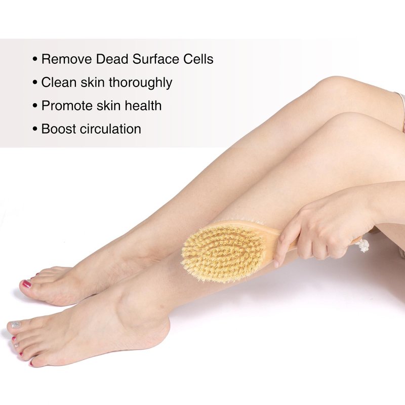 Short-Handle Dual-Sided Bath Massage Brush, Soft Boar & Firm Sisal Bristles, Portable (Natural Beech Wood)
