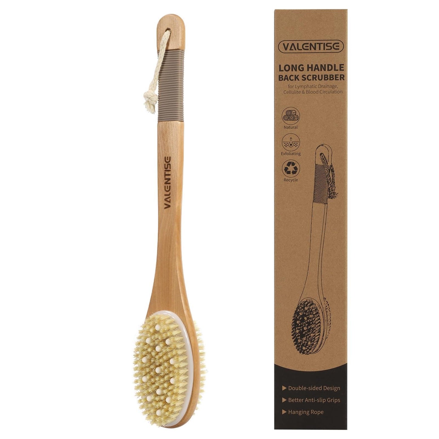 VALENTISE Back Scrubber for Shower, Shower Brush Long Handle with Boar Bristle and Massage Nodes, Exfoliating Body Scrubber for Lymphatic Drainage, Cellulite & Blood Circulation