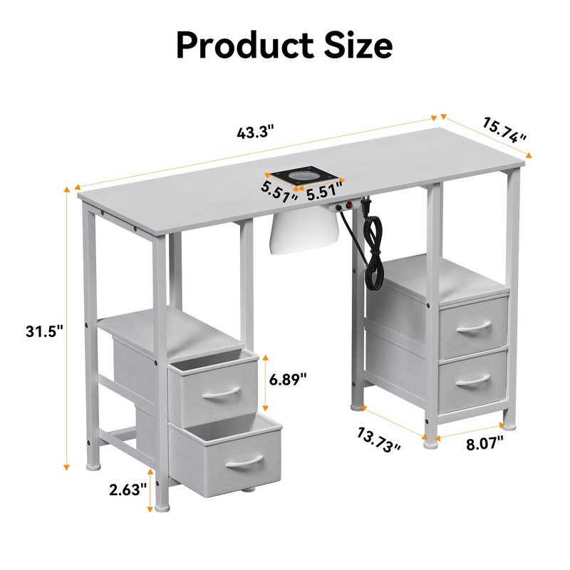 Manicure Table for Nail Tech, Nail Tech Table Station w/4 Storage Drawers & 2 Open Shelves, Nail Table w/Dust Collector for Beauty Salon Tech Station (White)