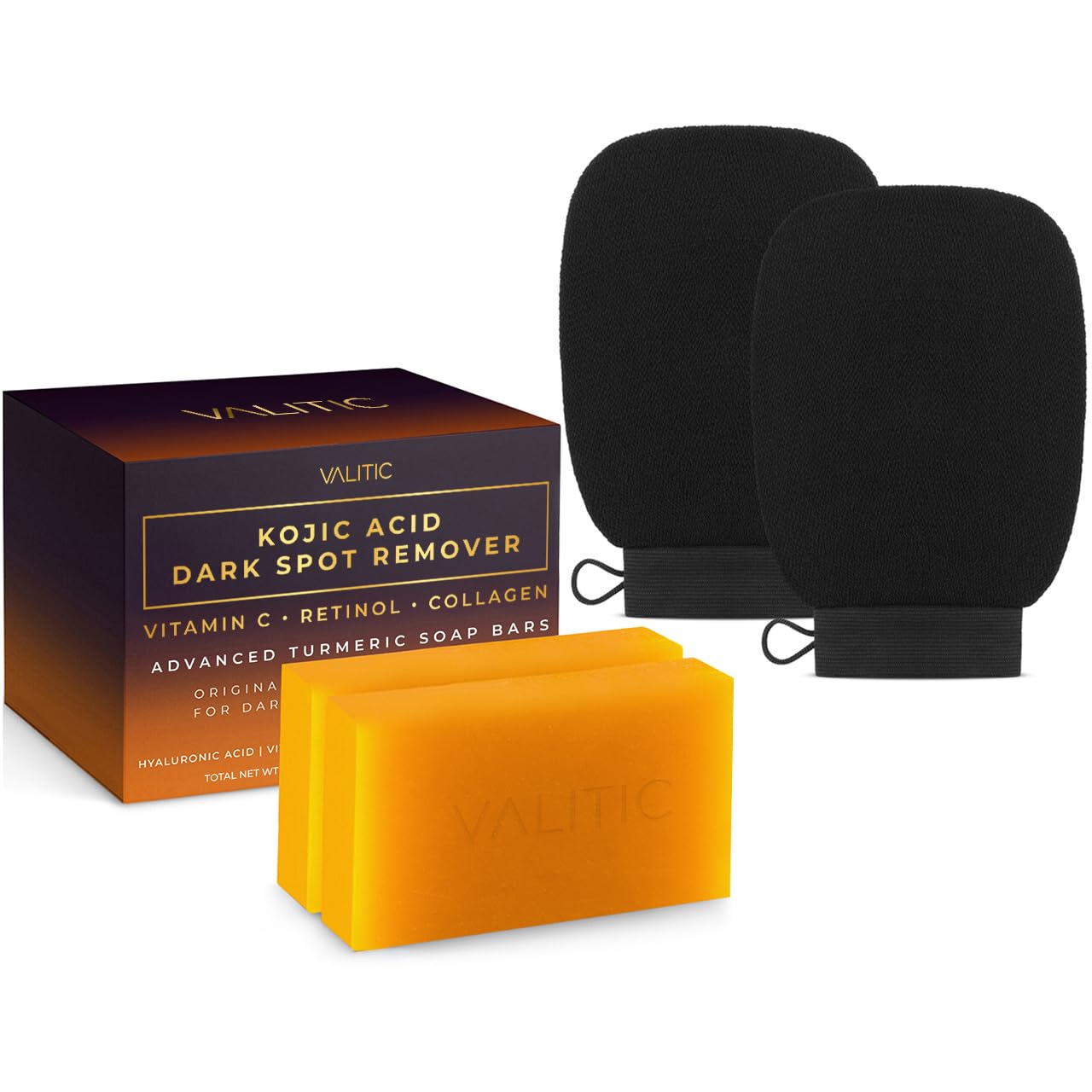 VALITIC 2 Pack Kojic Acid Dark Spot Corrector Soap Bars with Vitamin C, Retinol, Collagen, Turmeric - Original Japanese Complex - Hyaluronic Acid Bundle with 2 Black Exfoliating Gloves for Body Scrub