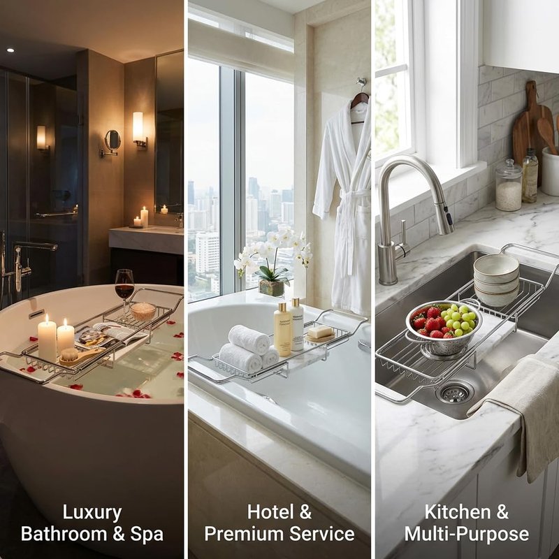 Bathtub Tray Caddy for Luxury Bath, Stainless Steel 26.8-35.4 in Expandable Extra Wide Bath Tub Tray with Natural Marble and Mobile/Tablet Stand, Ideal for Home Spa Lovers (Silver + White)