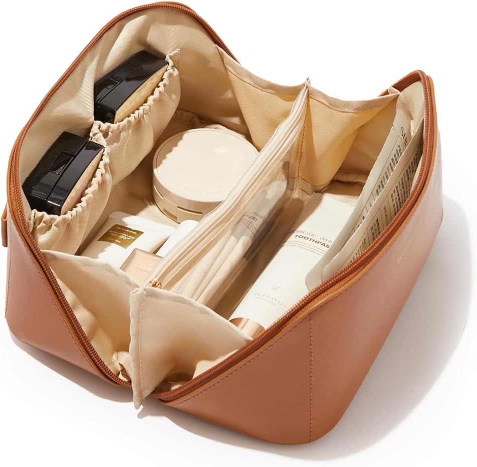 Travel Makeup Bag - Large Capacity Waterproof PU Leather | Flat Open Portable Toiletry Bag for Skincare & Brushes