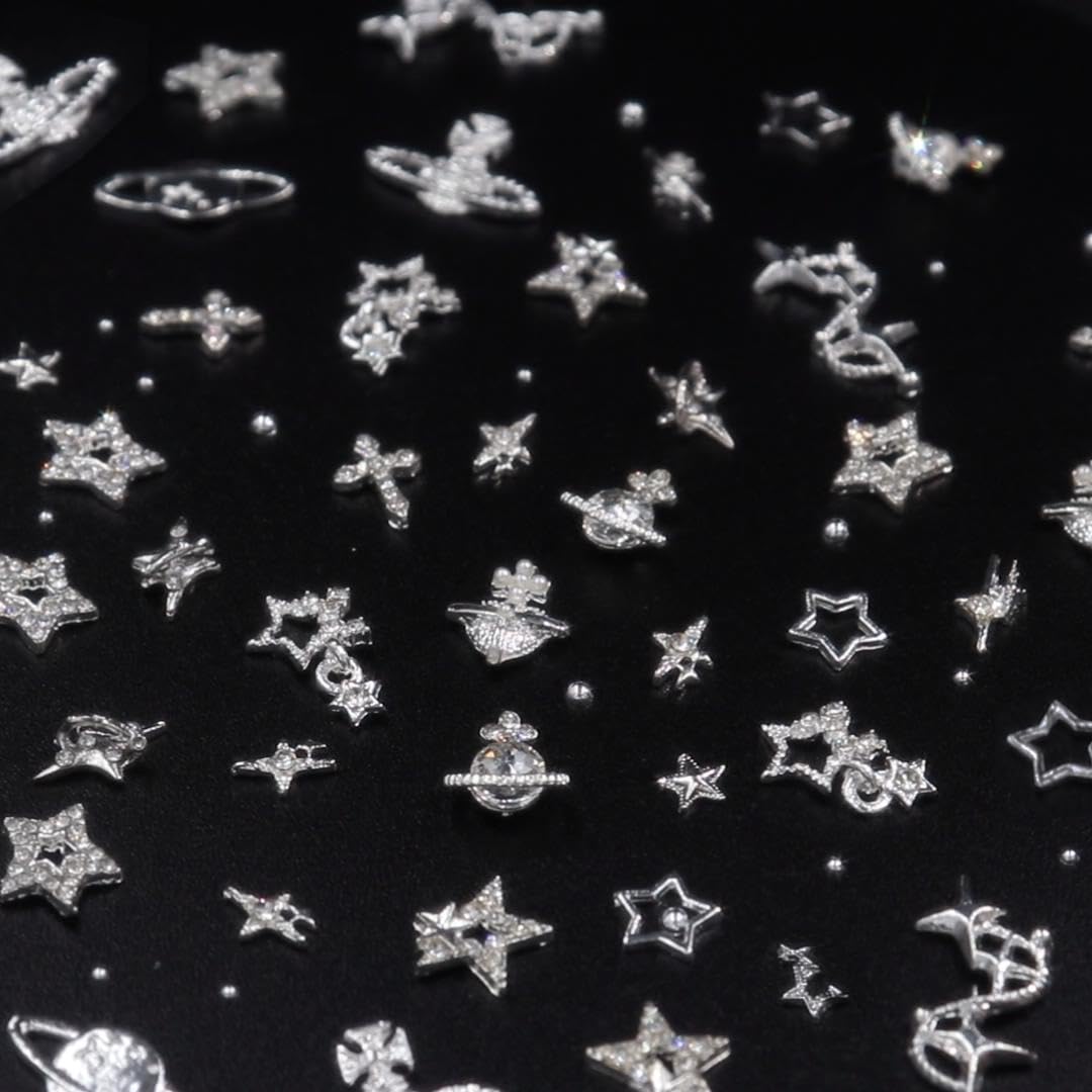 Star Nail Charms - 120+ Pcs Rhinestone Inlaid Silver Star & Planet Decorations | Nail Art Accessories for DIY Manicure