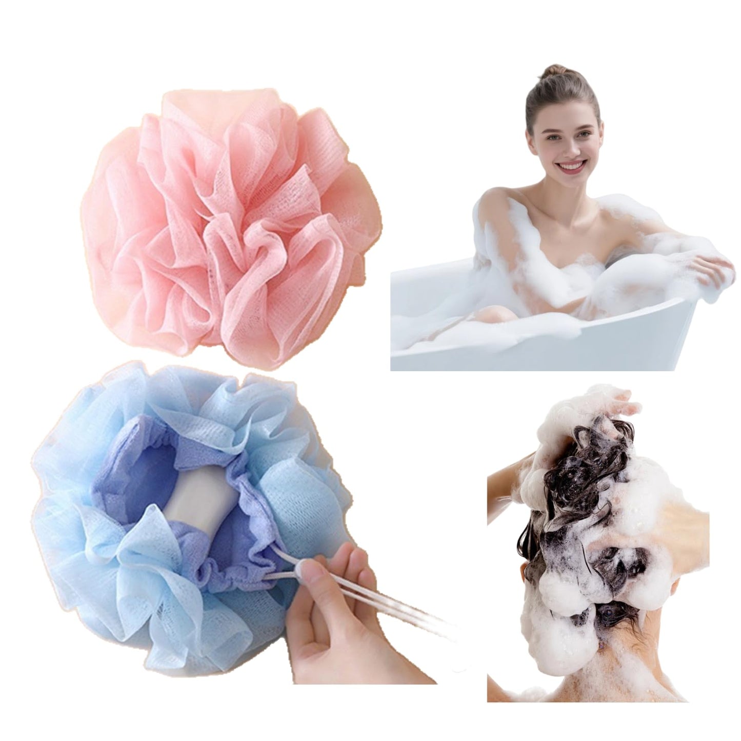 2 Pcs Soap Bar Loofah, 2 in 1 Holds Bar Soap Loofah Washcloth with Drawstring Reusable Luffa Mesh Bath Ball Remove Cuticle Gentle Cleansing Clean and Smooth Skin Suitable for Bath Shower (Pink+Blue)