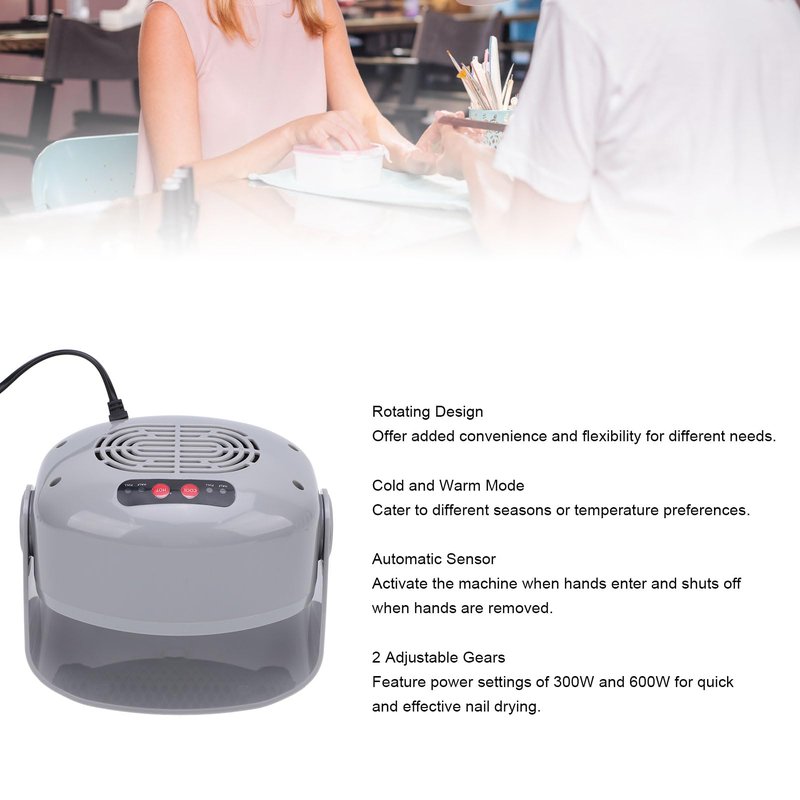 Air Nail Dryer, 300W 600W 2 Adjustable Gears Rotatable Hot and Cold Nail Drying Fan with Auto Sensor, Quick Dry Nail Fan Dryer for Fingernail Toenail, Regular Nail Polish Home