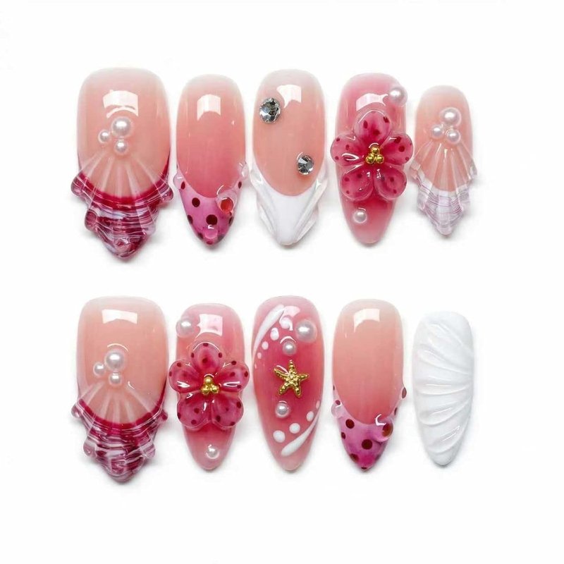 Handmade Press-On Nails - Medium Pink Almond Shape with 3D Flower & Starfish | 10 Pcs for Summer Style