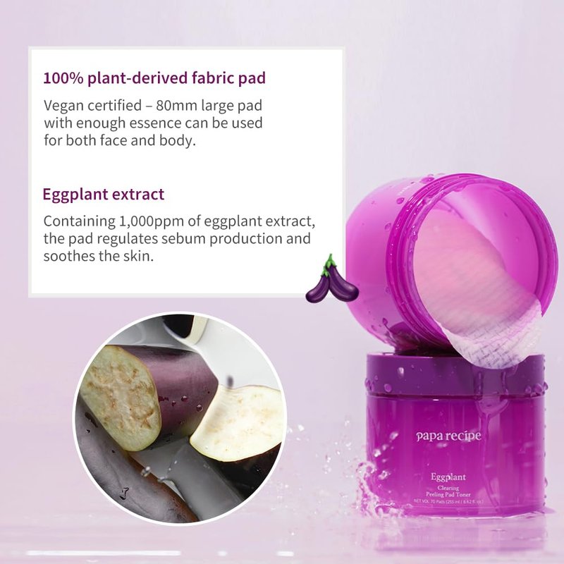 Papa Recipe Clearing Exfoliating Toner Pads – Dual-sided Korean Skin Care Pads with 1,000ppm of Eggplant Extract, AHA BHA PHA - Exfoliates, Hydrates & Smooths Skin Texture for Sensitive Skin - 70ct