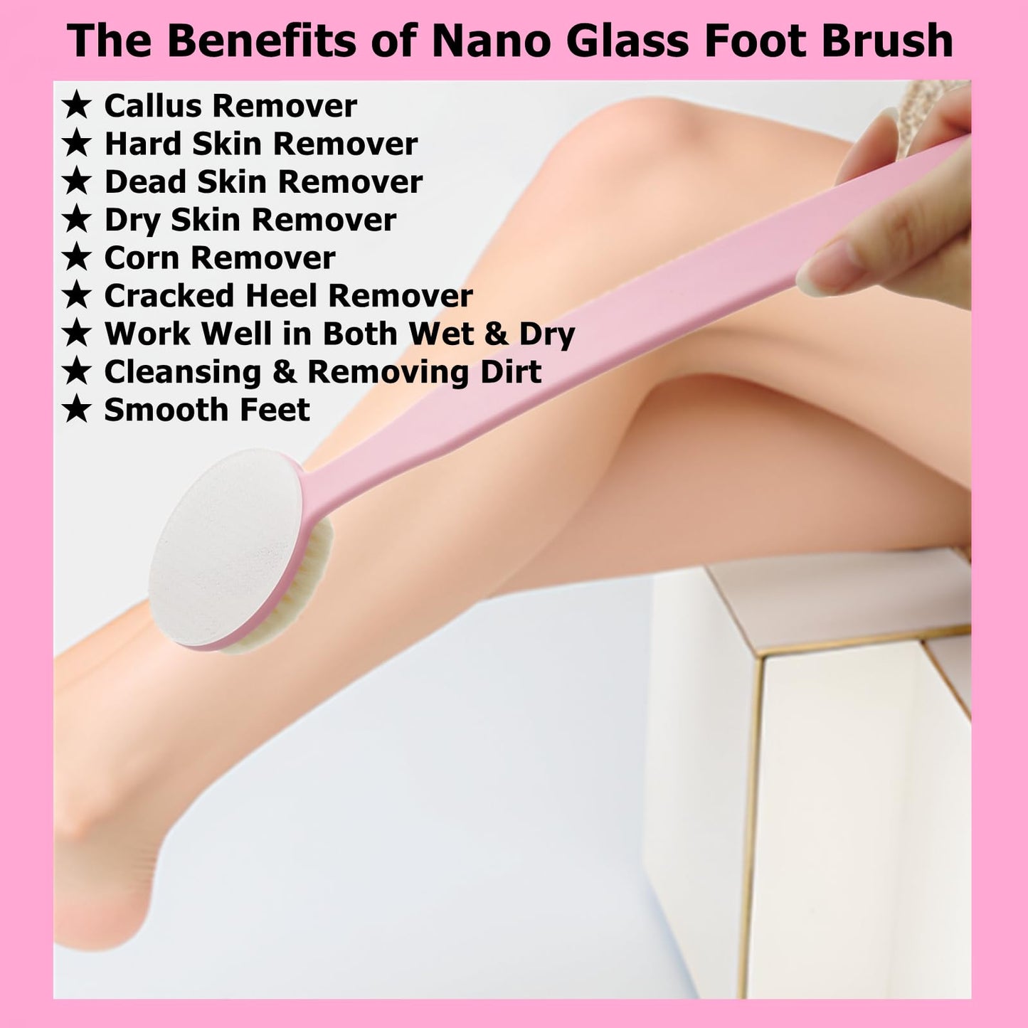 YIOYOODA Nano Glass Foot File Callus Remover, 13.7" Long Handle Foot Scrubber Brush, 2-in-1 Pedicure Tool Hard & Dead Skin Remover, Back Scrubber Body Brush for Shower Deep Cleansing Exfoliating, Pink