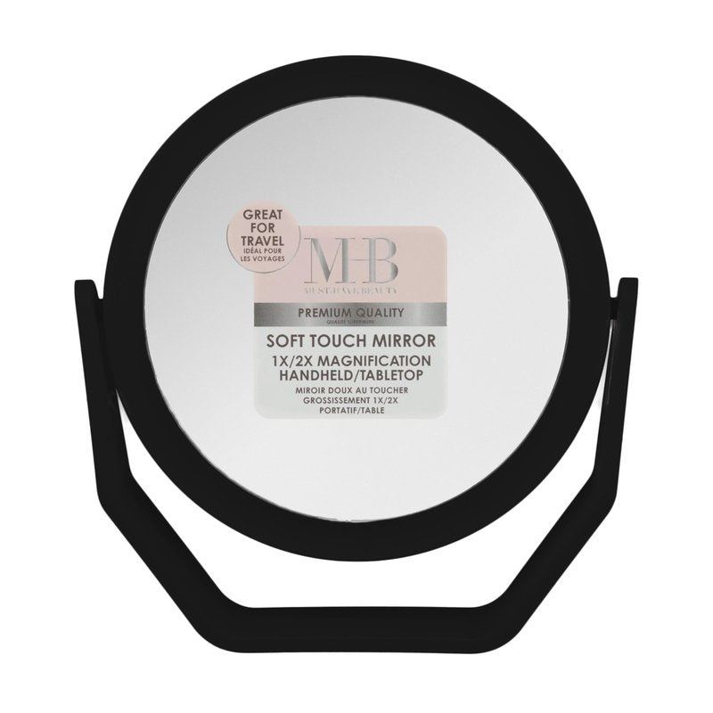 EXPRESSIONS Black Soft Touch Rotating Makeup Mirror – 1x/2x Magnification | Round Vanity Mirror Handheld Tabletop & Travel | Small Magnifying Desk Mirror for Women – Compact