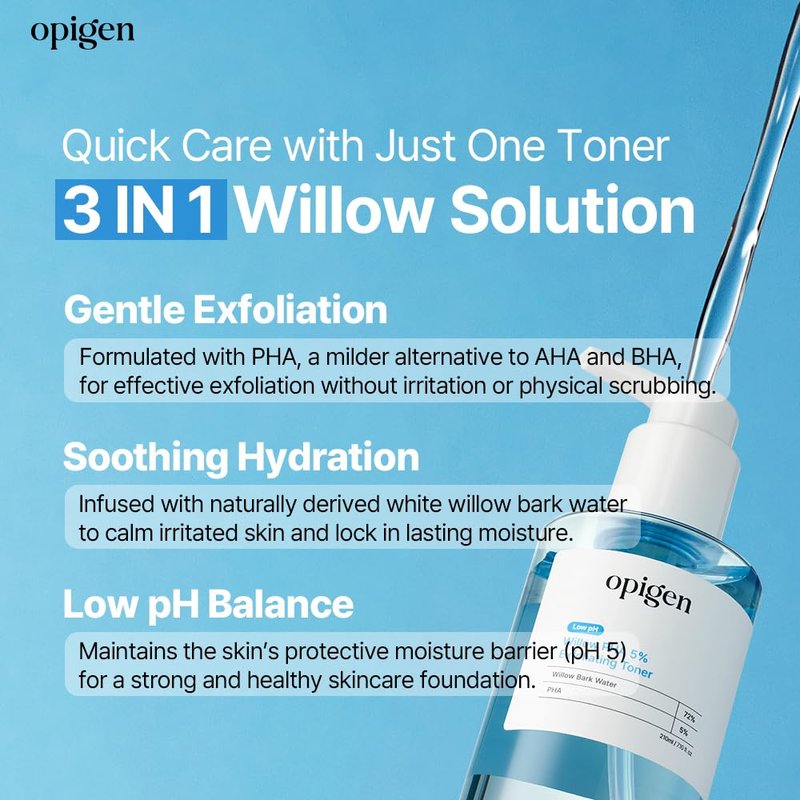 opigen Low pH Willow PHA 5% Exfoliating Toner, Gentle Daily Toner for Brightening, Smoothing, and Clearer-Looking Skin, 7.1 Fl Oz Korean Skin Care