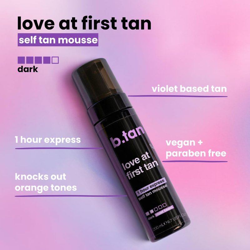b.tan Large Violet Base Self Tanner Mousse | A Little Extra Love At First Tan - 1 Hour Express Sunless Tanning Foam, Cancels Orange Tones, Dark Bronze Glow, No Fake Tan Smell, Face & Body, 10.1 Fl Oz