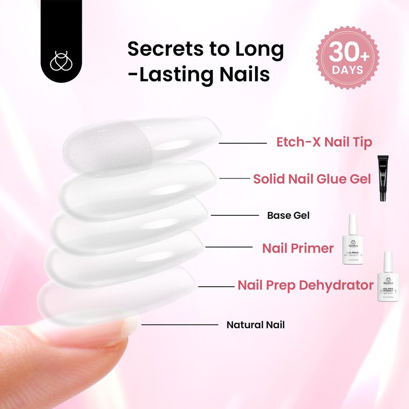 Beetles Gel Nail Kit Medium Coffin with Nail Dehydrator and Primer, 576Pcs Half Matte Etch-X Gel Tips Solid Glue Mini Lamp Acrylic False Tips Easy DIY Extension Set Gift for Women