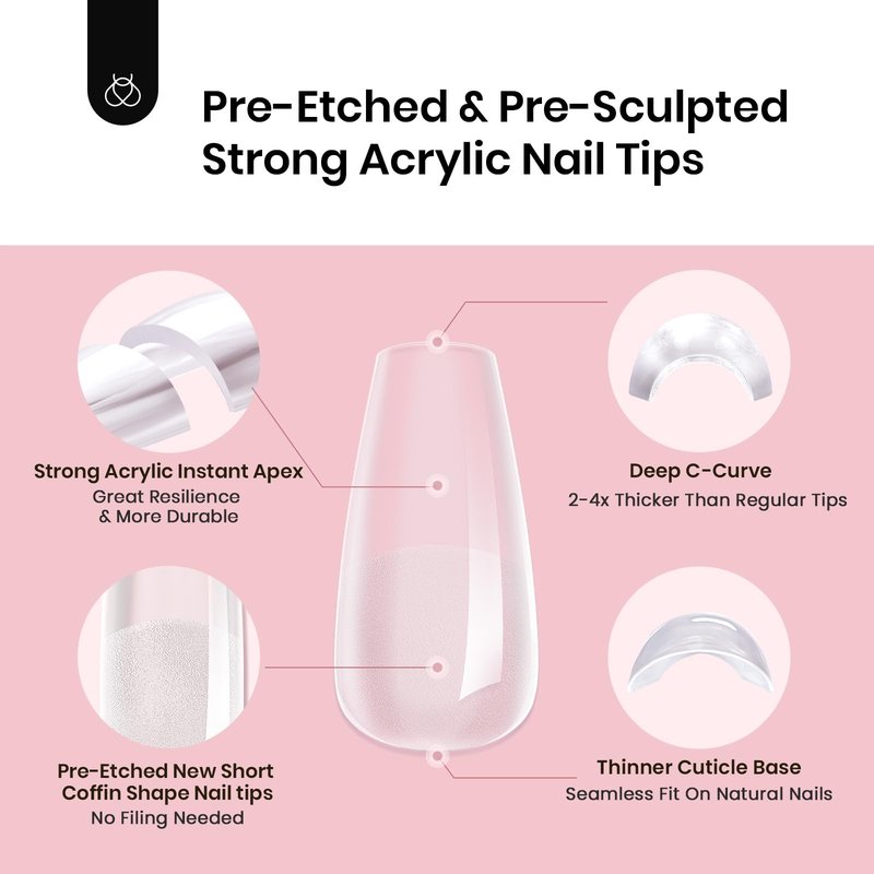 Beetles Tipex Instant Apex Nail Tips, Coffin Short, 16 Sizes (00–14), 192pcs, Built-In Apex, No Builder Gel Required, Thicker Strong Acrylic Tips for DIY Nail Extensions