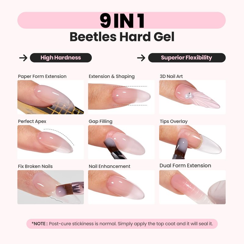 Beetles HEMA-Free Hard Gel for Nails-2 Pcs 1oz 9 in 1 Clear Jelly Pink UV/LED Lamp Cured Sculpting Stengthener Gel for Nail Extension & Nail with Flat Nail Brush for Manicurist Women