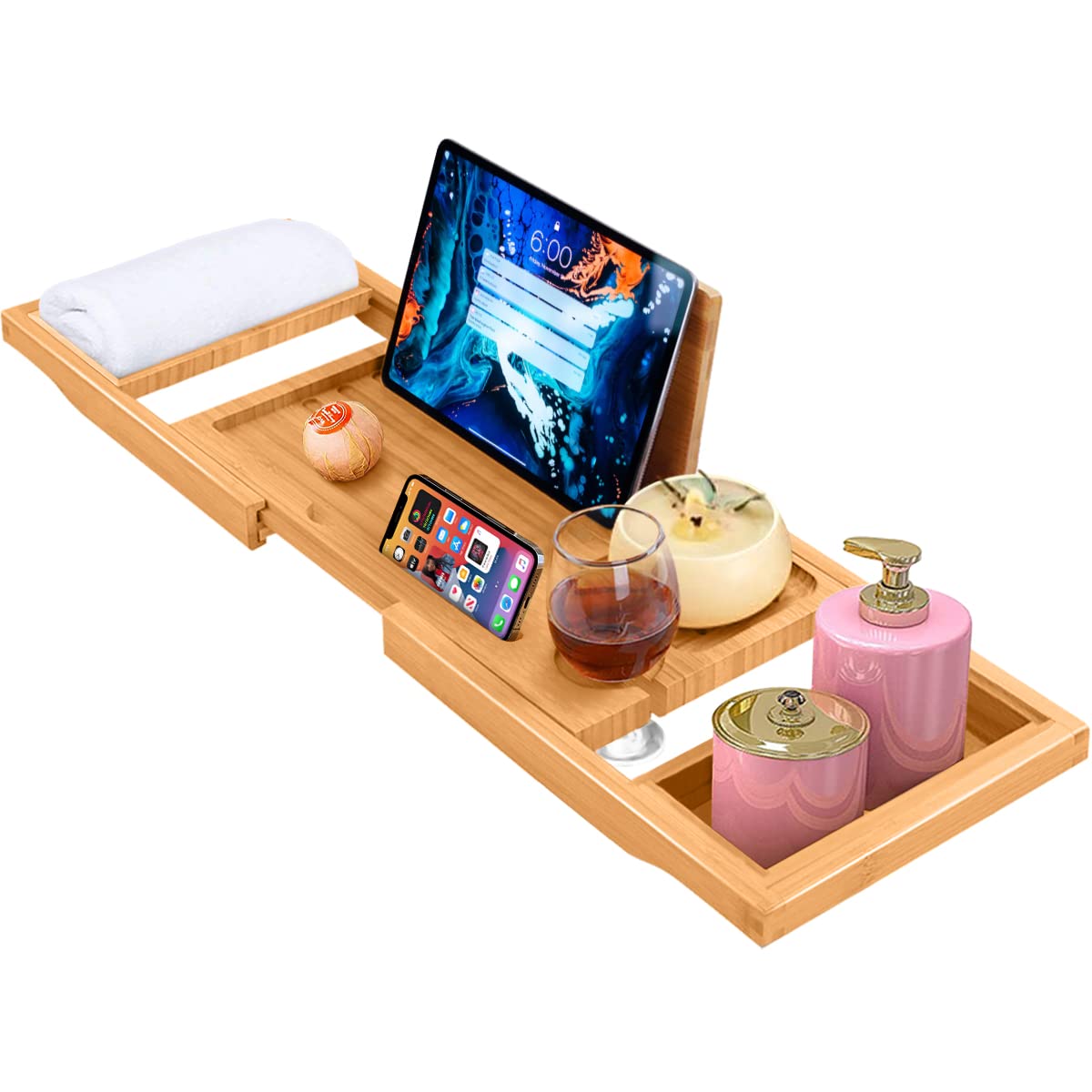 Bathtub Tray Caddy Expandable, Foldable Bath Tray, Bathtub Trays for Tub with Book, Wine Glass Holder, Anniversary House Warming Gifts, Relaxation, Bathroom Accessories, Fits Most Bathtubs Sizes