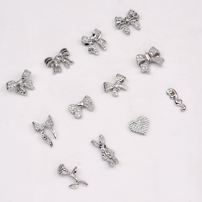 Skiennix 120pcs Nail Charms - 12 Styles of Black Metal 3D Heart & Flower Decorations for Acrylic Nails