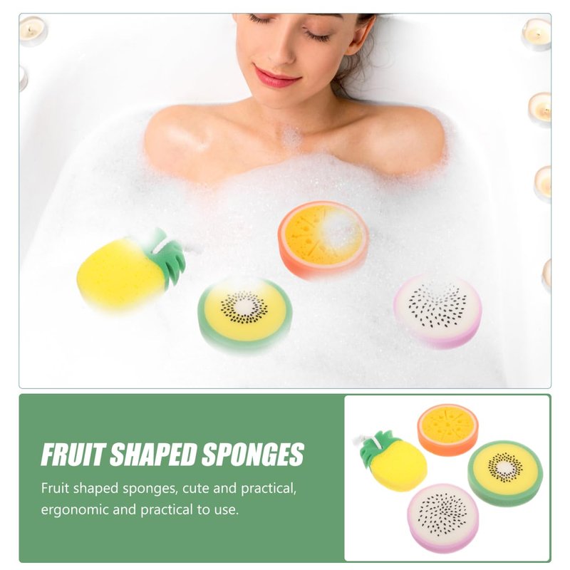 Healvian 4 Pack Fruit-Shaped Bath Sponges 5.31 Inch Exfoliating Shower Body Wash Scrubber for All Skin Types