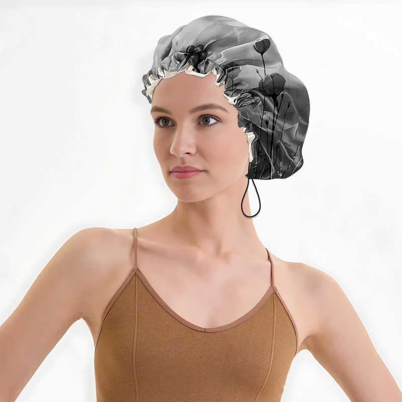 BHAHB Luxury Shower Cap Satin Lined Reusable Waterproof Double Layer Elastic Adjustable Hair Bath Cap Cute Aesthetic Women Girls-Black Flower