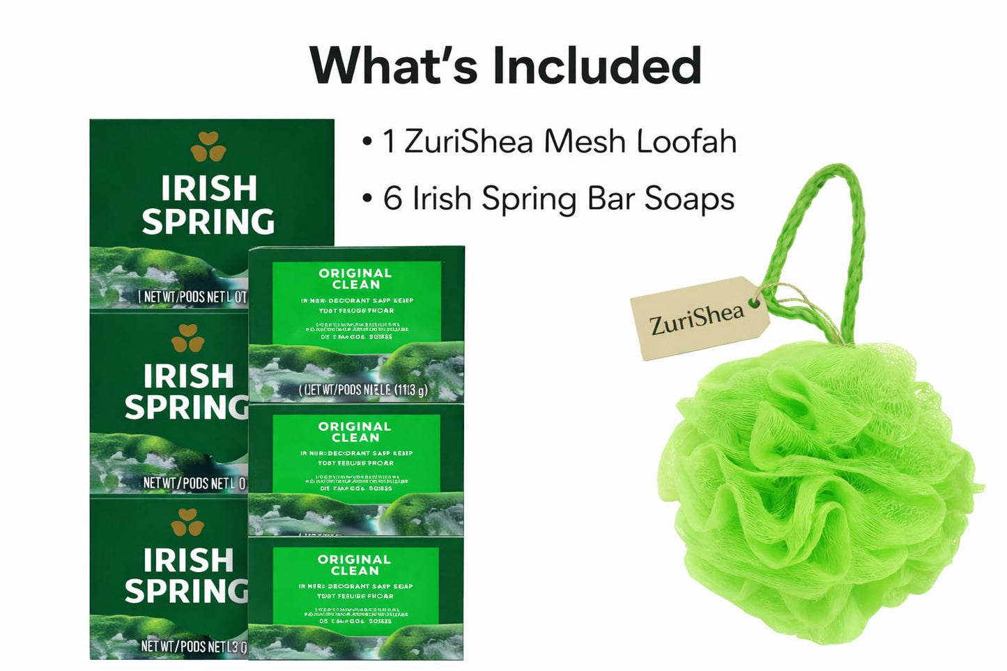 Irish Spring Bar Soap Bundle with ZuriShea Mesh Bath Sponge - Includes 6-Pack Irish Spring Bar Soap (4oz) & Exfoliating Bath Sponge.