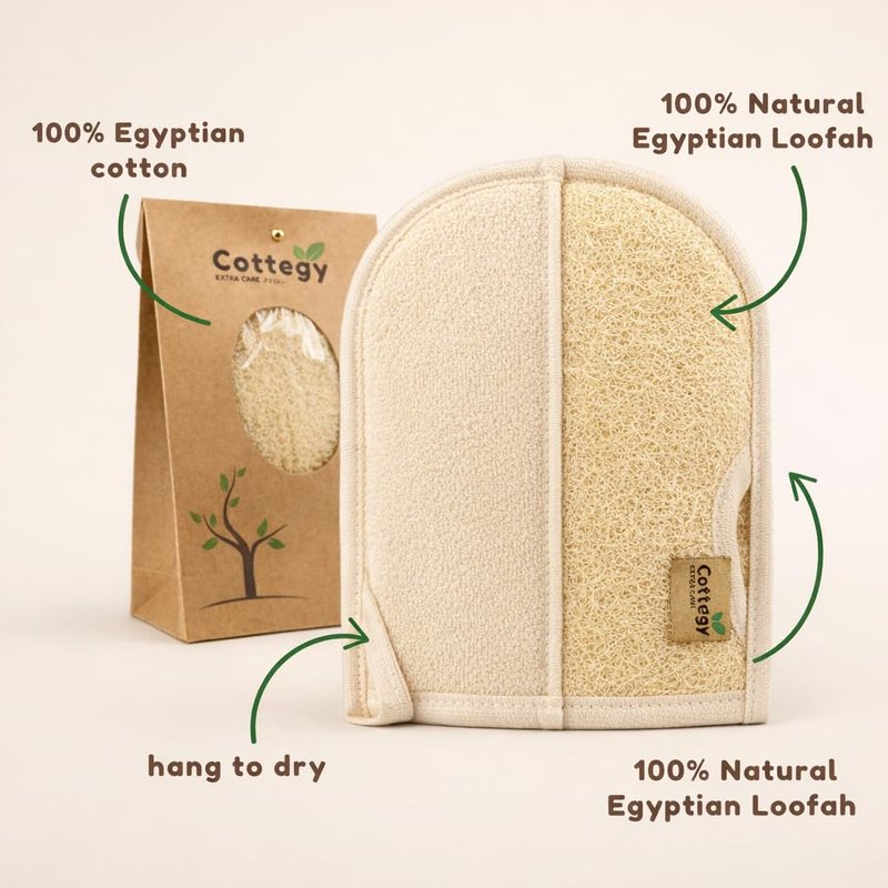 Cottegy Premium Exfoliating Loofah Gloves – Natural Egyptian Loufa Sponge Body Scrubber Mitts for Soft, Radiant Skin – Left and Right Thumb Holes - Gentle Exfoliation & Deep Clean (1-Pack) (Count 2)