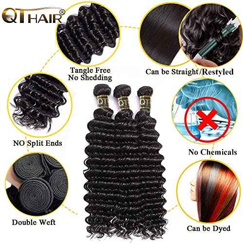QTHAIR Brazilian Deep Wave Human Hair Bundles 16A Grade Brazilian Virgin Human Hair 10 1214 Inch 100% Virgin Unprocessed Deep Wave Bundles 300g Total Natural Black #1B
