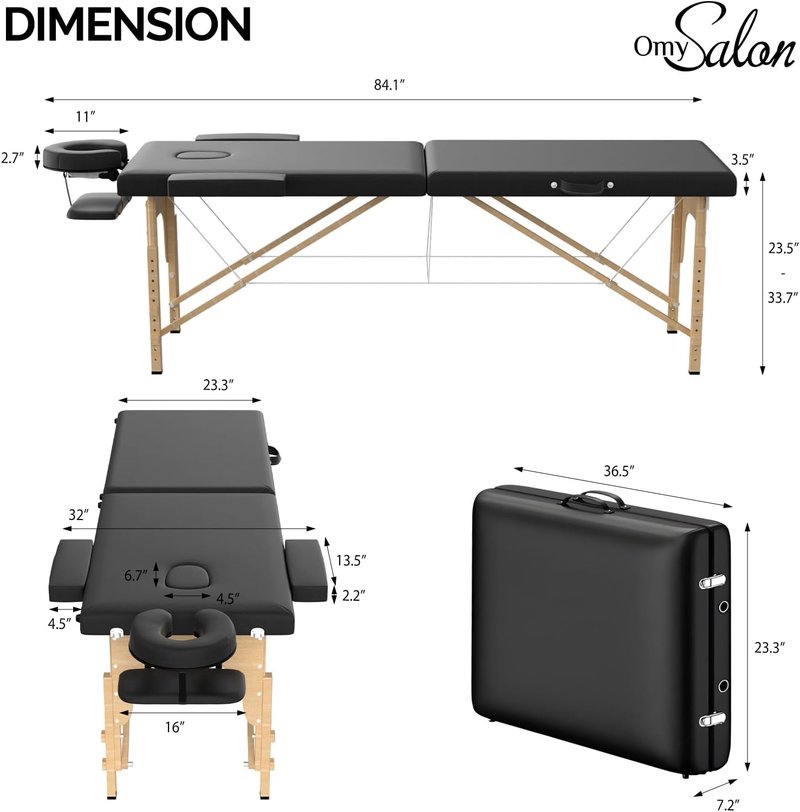 OmySalon Massage Table Portable Massage Bed, 84" x 24" 2-Fold Salon SPA Tattoo Bed Lash Table Height Adjustable with Carrying Bag, Face Cradle & Wooden Frame, Black