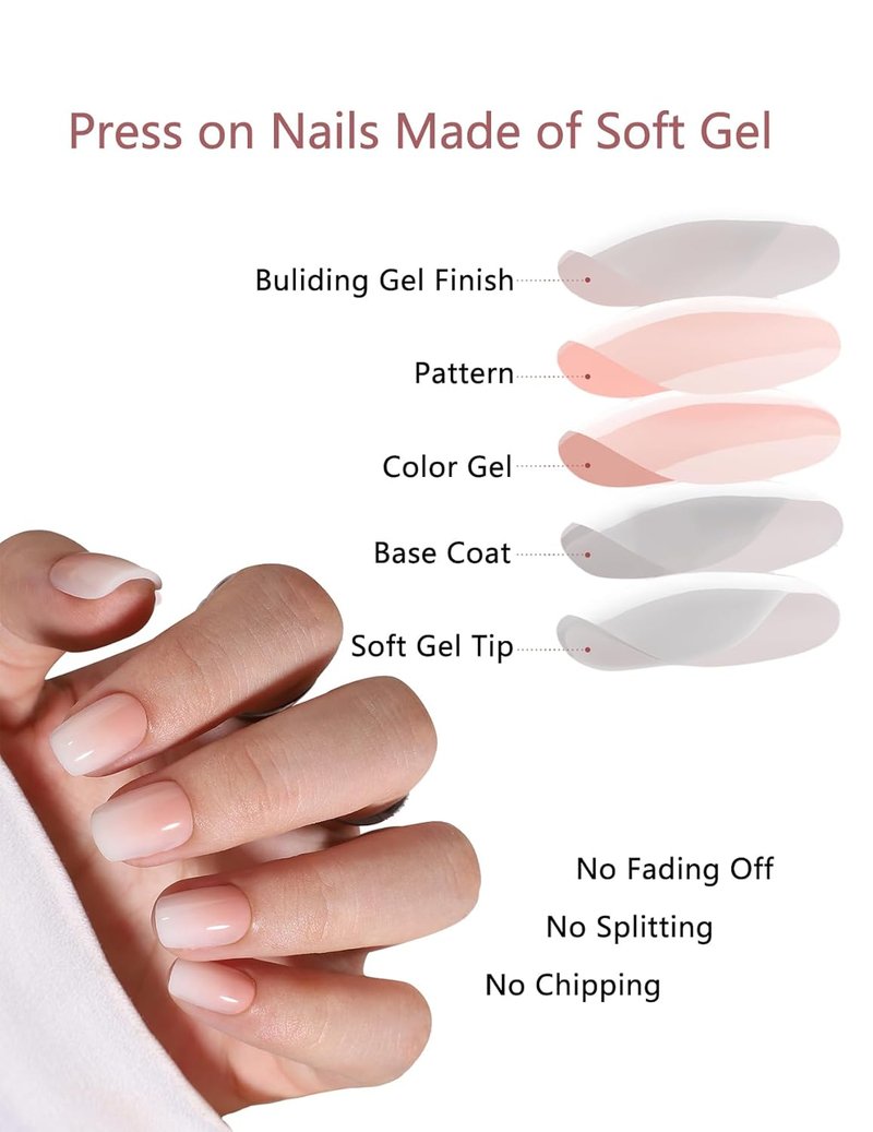 Press On Nails - Pink Horizon Reusable Soft Gel Kit | 32 Natural Stick-On Nails in 15 Sizes