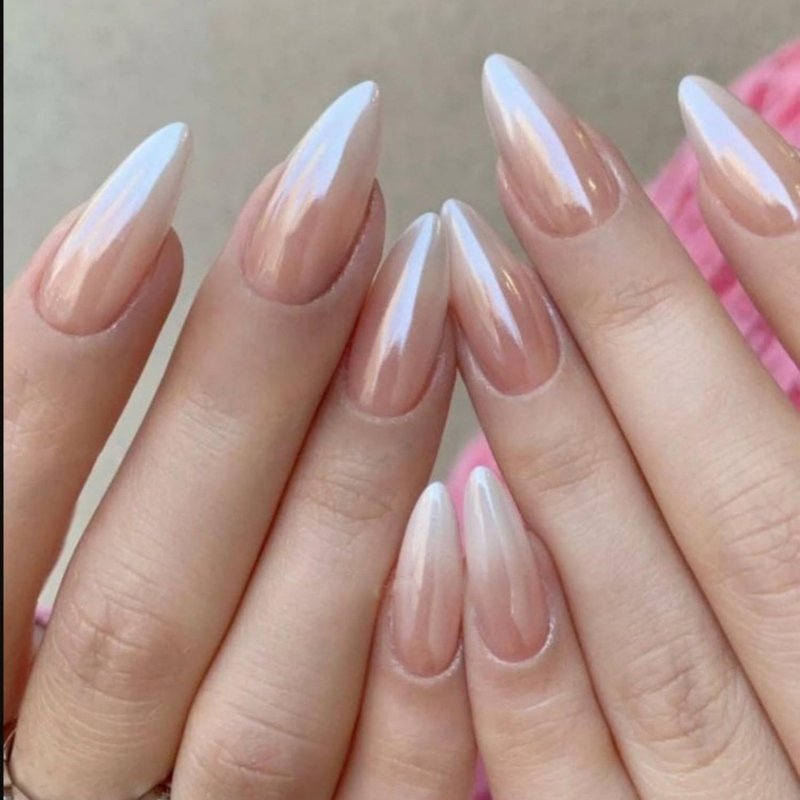 Almond Medium Press on Nails Pink Gradient Chrome Glossy False Nails Design Acrylic Nails Bling Reusable Press on Nails Chrome Fake Nails Fully Cover Stick on Nails for Women and Girls Nail Supplies