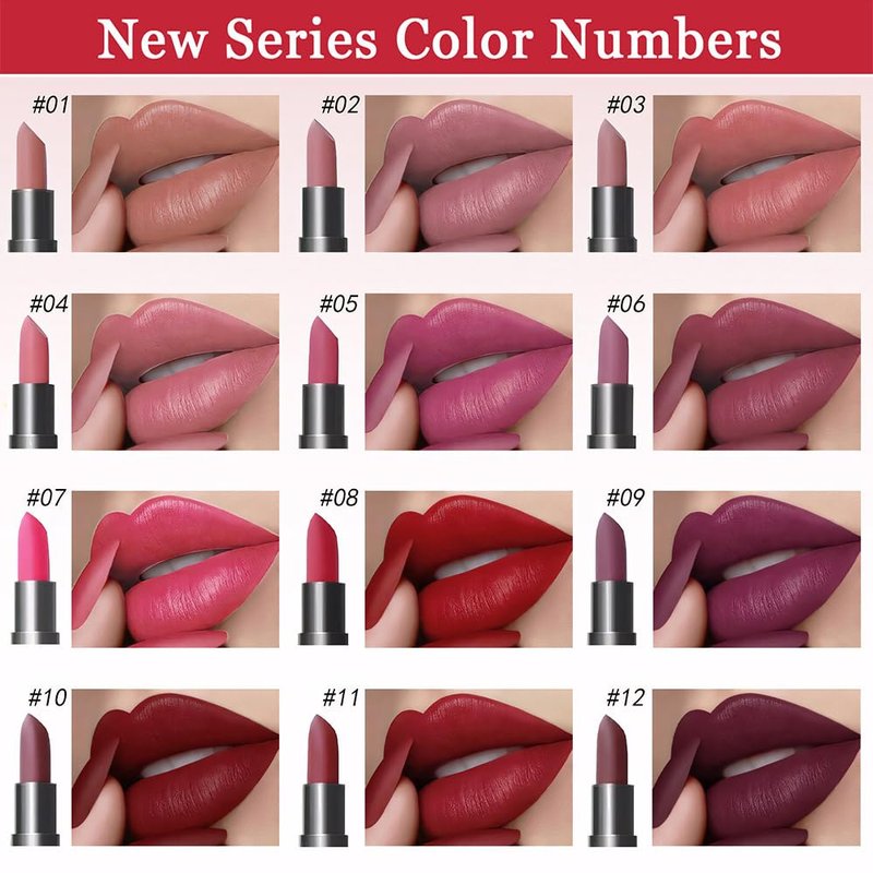 Matte Lipstick Set - 6 Pcs Long-Lasting Waterproof Lip Color | Nude Pink, Dark Red, Purple, Wine Red, Plum