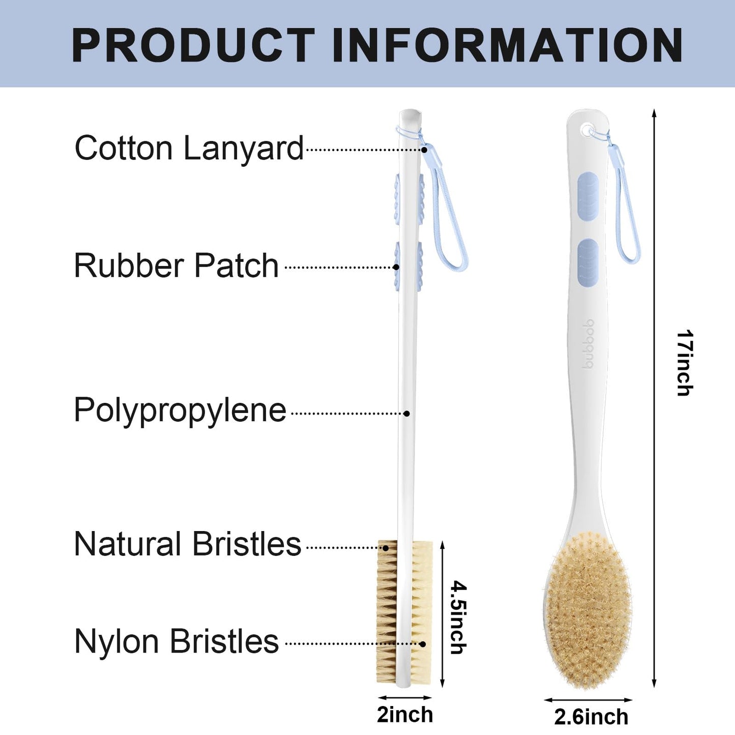 Bubbob Back Scrubber for Shower with Long Handle, Exfoliating Bath Brush for Body - Double Sided Bristles (Stiff & Soft), Anti-Slip Grip, Lightweight - Gift for Seniors, Includes Lanyard & Hook, Blue