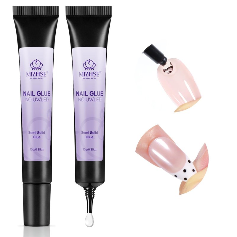 MIZHSE 2PCS Semi Solid Nail Glue Gel for Press On Nails Tips, Super Strong Quick Drying No U V Light Needed Glue on Nails, Easy-Control Non-Run Formula Fake Acrylic Nails Kit Glue Gel