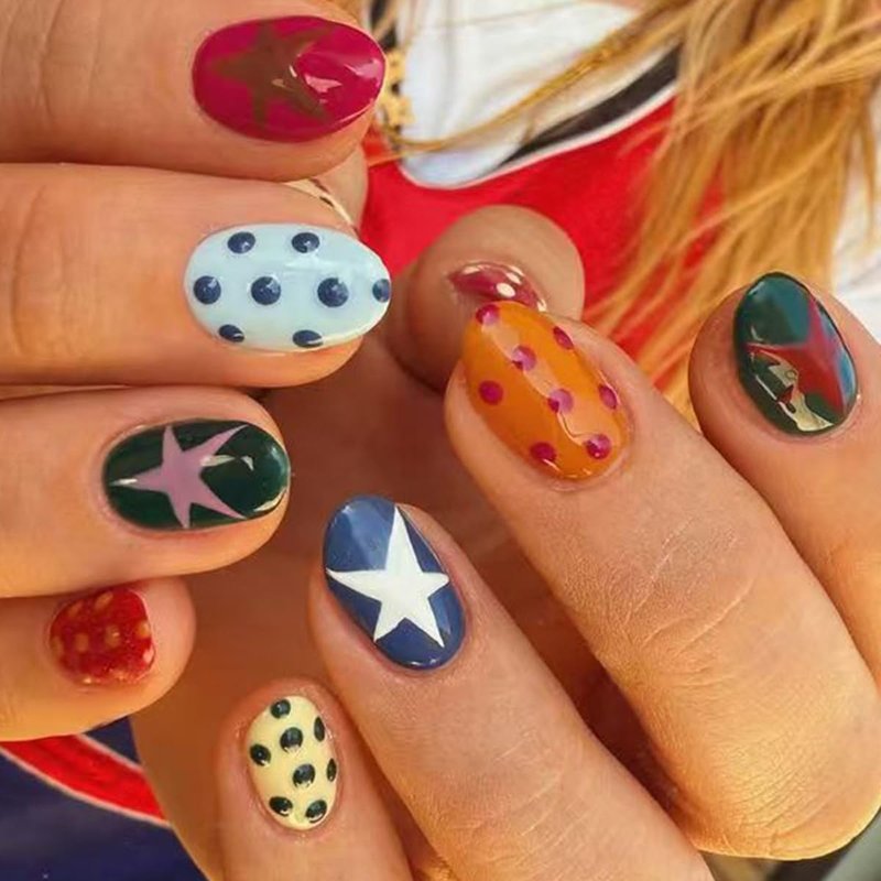 Red Press on Nails Short Almond Nails Press ons with Design Full Cover Stick on Nail for Women Manicure