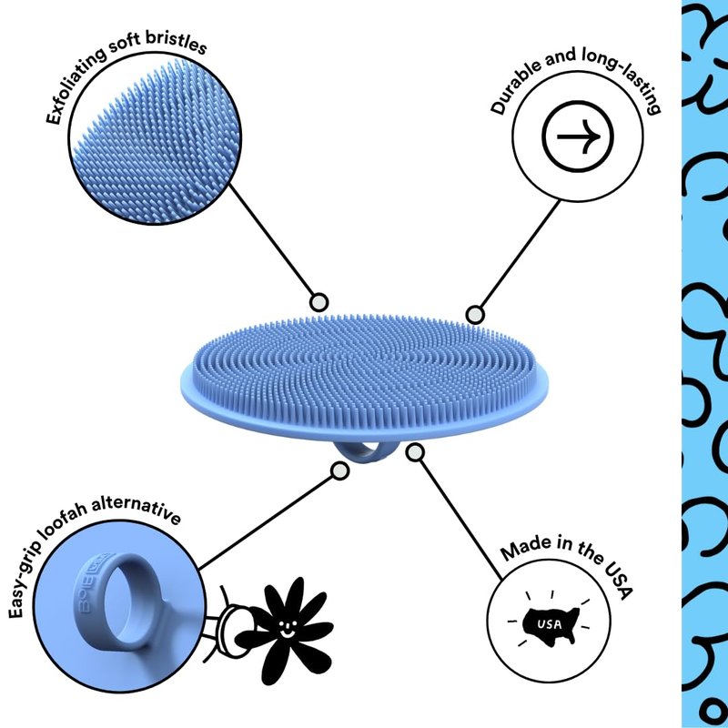 Boie USA Loop Body Scrubber - Soft Silicone-Like Exfoliating Shower Scrubber, Body Cleansing Brush - Hang-to-Wall Loofah Replacement - Antimicrobial Body Exfoliator for All Skin Types (Blue)