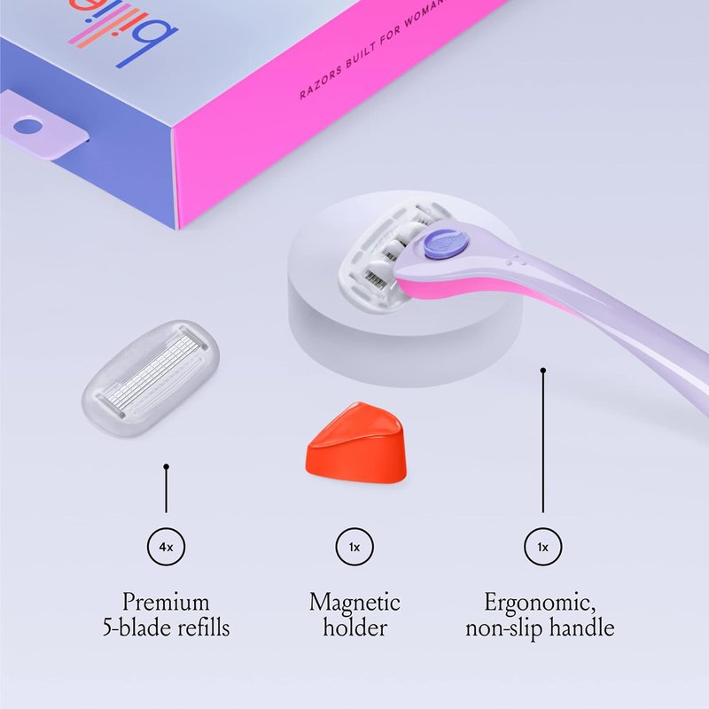 Billie Razors for Women - Shave Kit with 5-Blade Razor & 4 Refills | Magnetic Holder Included