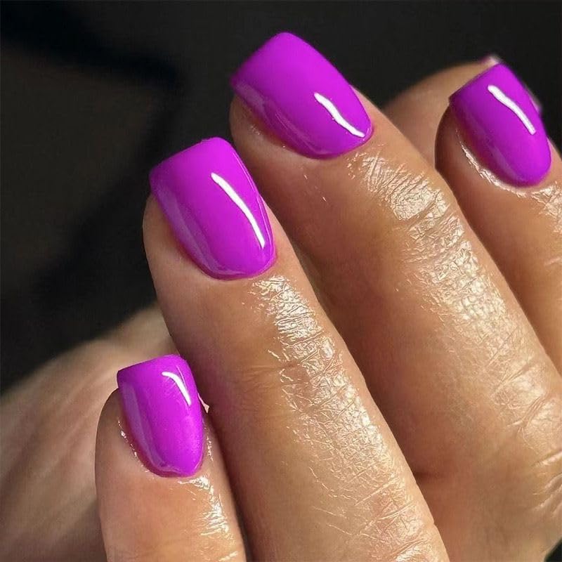 Bright Purple Press On Nails - Short Square Solid Color | 24 Pcs Glossy Full Cover Artificial Nails for Women