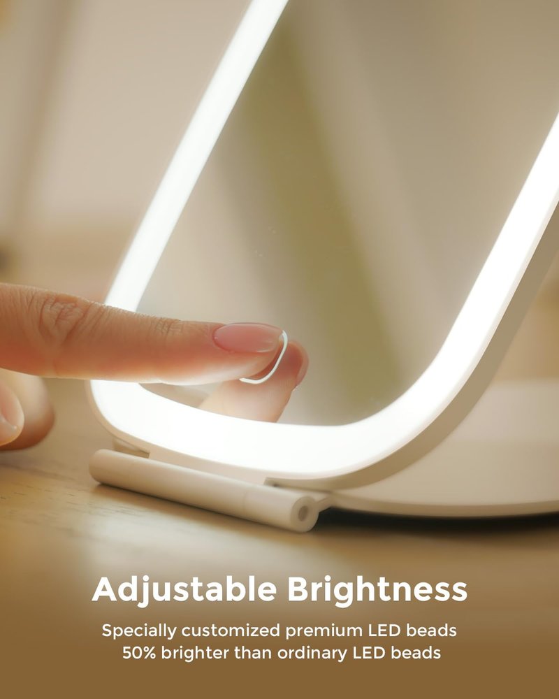 NEZZOE Travel Mirror with LED Light, Rechargeable Portable Lighted Makeup Mirror, 3 Lighting Modes Dimmable Touch Control, Foldable Compact Vanity Mirror for Travel Tabletop, 7x5 Inch