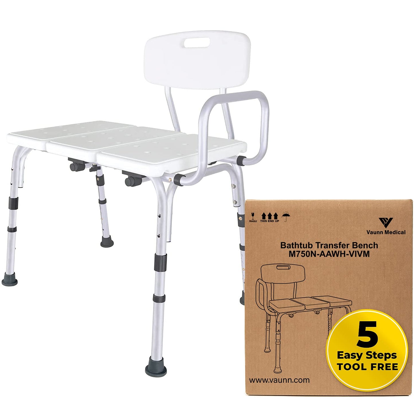 Vaunn Adjustable Shower Transfer Bench, Shower Chair for Adults and Seniors with Backrest