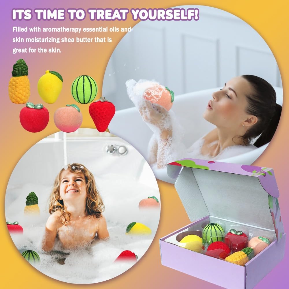 KAV Fruit Family Bath Bomb Set - 6Pcs Fruit Shaped Organic Bath Bombs for Kids, All Natural Scented Bubble Bath Bombs, Skin Safe & Non-Toxic bathbombs, Self Care Girlfriend Gifts for Spa Day