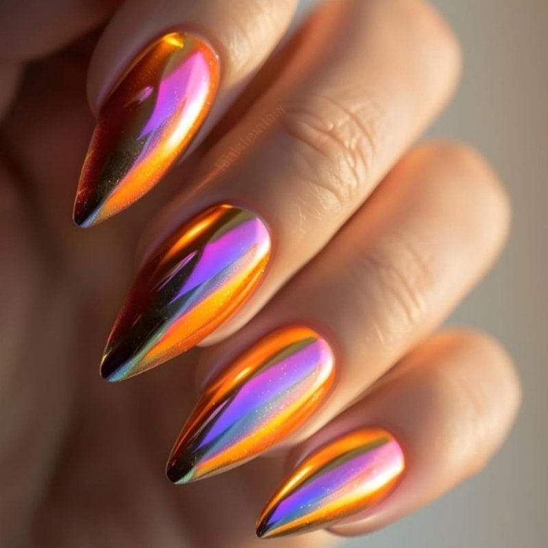 Skiennix 24Pcs Chrome Press-On Nails - Medium Almond Black Aurora Glossy Full Cover Nail Tips