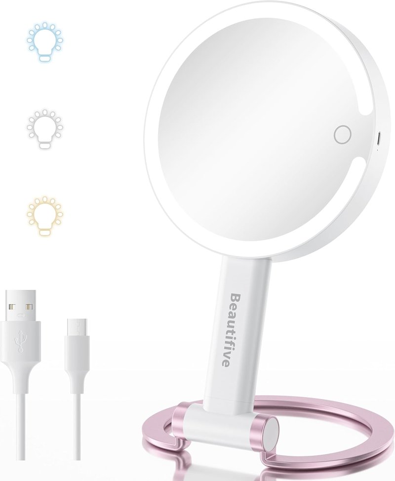 7-Inch Magnifying Mirror with Light - Rechargeable Double-Sided 10X/1X Handheld Makeup Mirror | Pink with Stepless Dimming