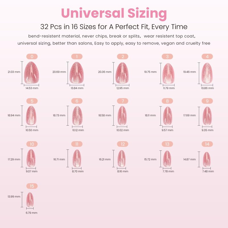 Nail Reformation Press On Nails, Pink Quartz | Cat Eye Velvet Short Almond Fake Nails, Salon Quality, Reusable Natural Stick On Nails Kit - 32 Pcs in 16 Sizes with Glue, Manicure Gifts for Women