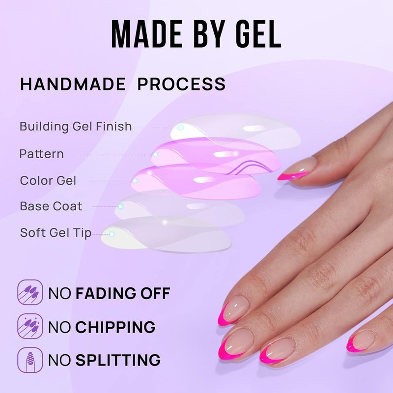 BTArtbox French Tip Press On Nails - Hot Pink Almond Shape | 32 Soft Gel Fake Nails Kit in 16 Sizes