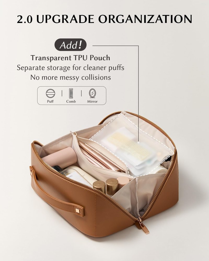 EACHY Travel Makeup Bag, 2.0 Cosmetic Bag for Women, Waterproof PU Leather,Flat Open Portable Toiletry Bag for Skincare, Brushes & Travel Essentials