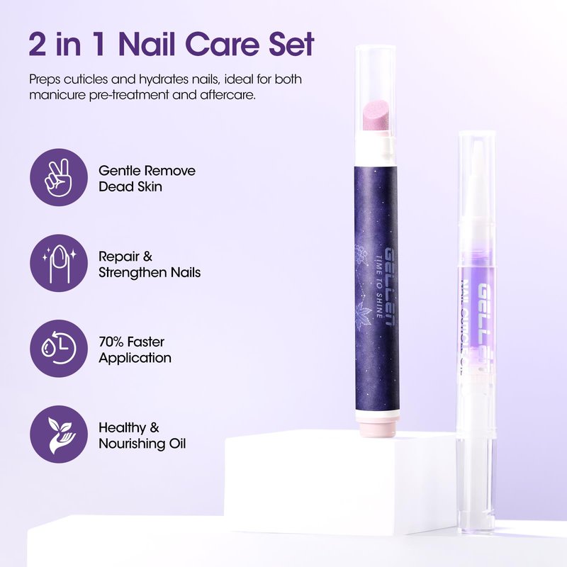 Gellen 2-in-1 Ceramic Cuticle Oil Pusher Pen Set - 2Pcs Grape Scent Cuticle Remover Pen & Nourishing Cuticle Oil Pen for Hangnails & Dry & Damaged Nails, Nail Treatment Pens for Home Salon