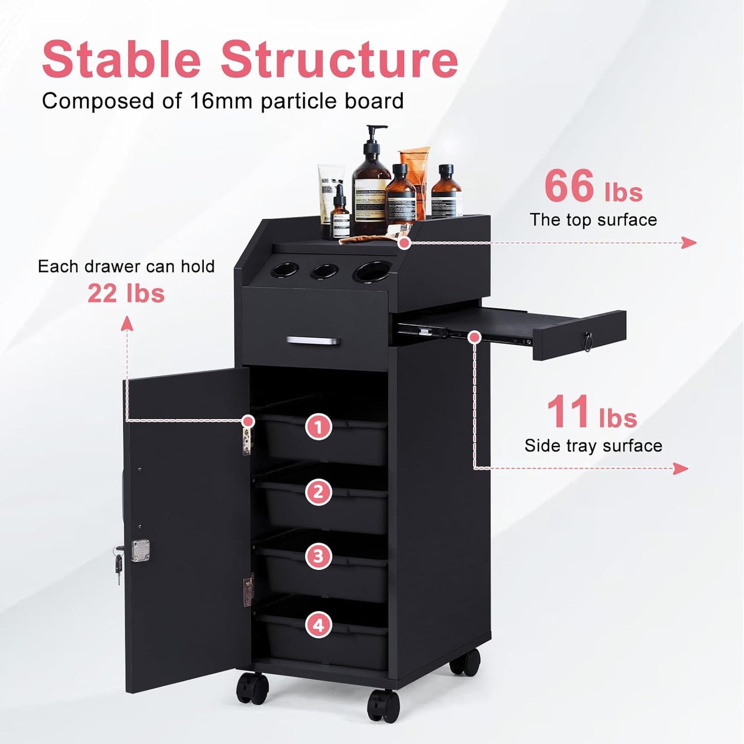 Winado Hair Salon Storage Cart - Mobile Makeup Case with Wheels, 3 Dryer Holders & 4 Drawers | Black