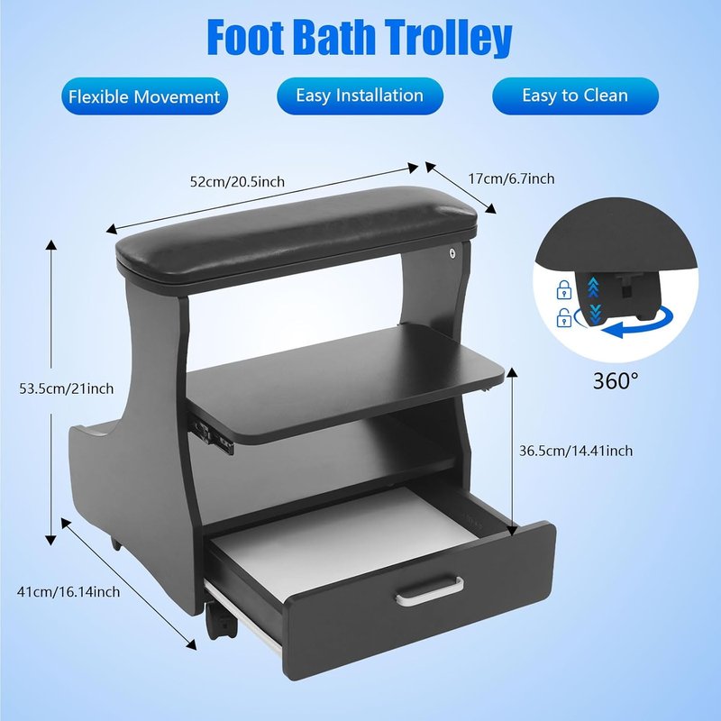Portable Foot Rest Pedicure Trolley - 4 Wheels with Brakes, Practical Drawer | Black Spa Cart for Beauty Salons