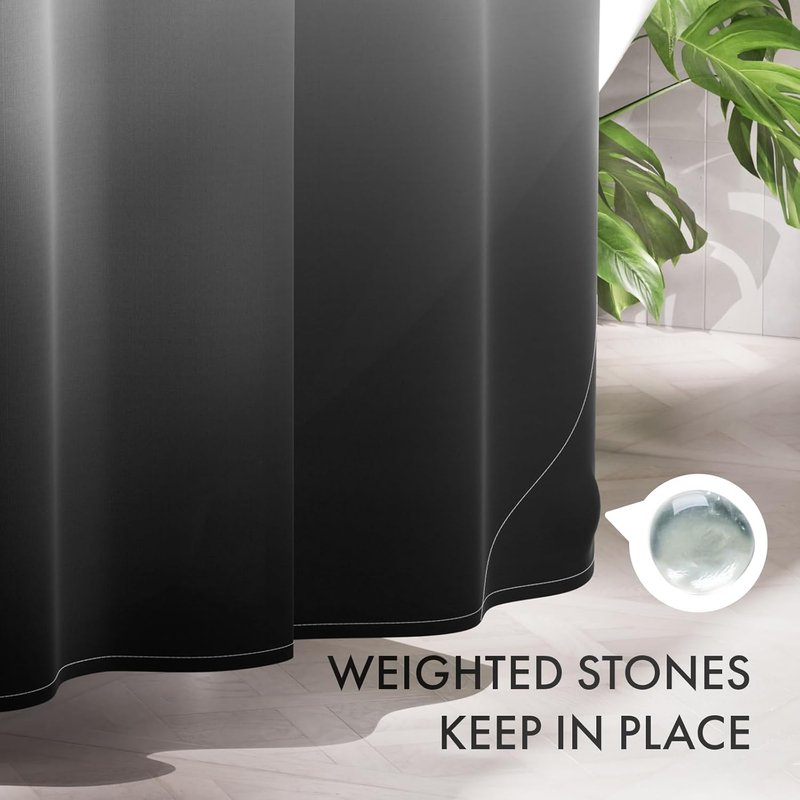 AmazerBath Ombre Black Shower Curtain Set - Washable Fabric with 12 Hooks | 72x72 Inches