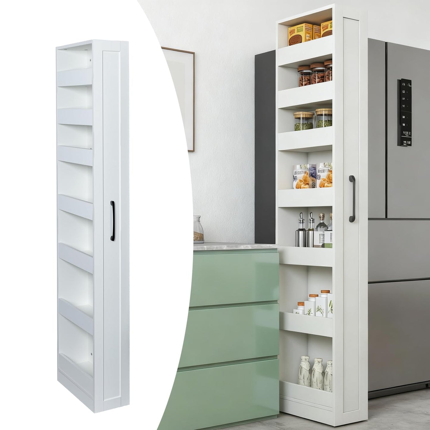 WSLUKVII 7-Shelf Tall Narrow Storage Cabinet, Slim Bathroom Cabinet with Handles, 71 Inch Tall, 8 Inch Wide for Small Space, Kitchen, Bathroom, Laundry Room, White