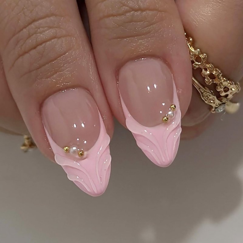 Skiennix 24Pcs Pink Flower Press-On Nails - Short Almond French Tip with 3D Floral Design & Gold Beads